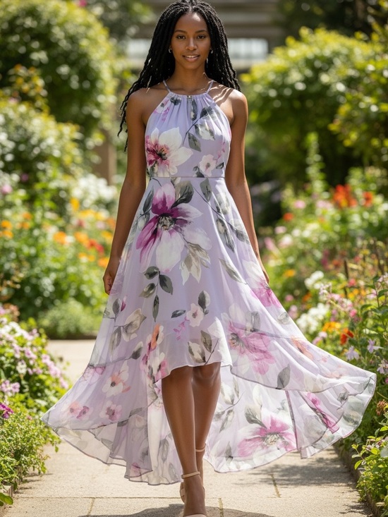 White House Black Market Dresses & Skirts - WHBM Lavender Floral Gold Chain Halter High-Low Dress Sz 2 Spring Summer Cocktai